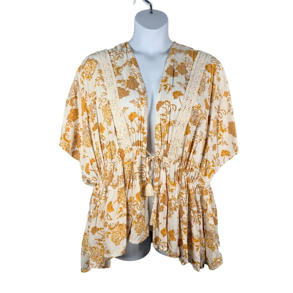 Torrid Ruffle Kimono Jacket Womens 00 (M 10) Golden Yellow Floral Tassel Rayon